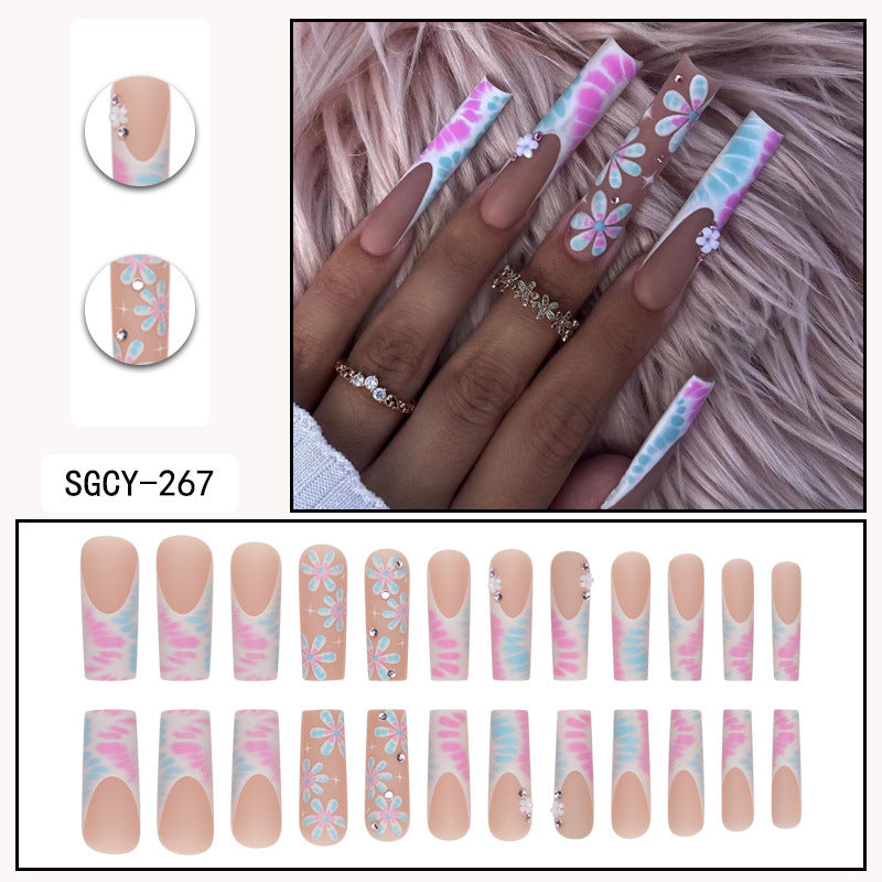 Long INS Style French Floral Nail Extensions