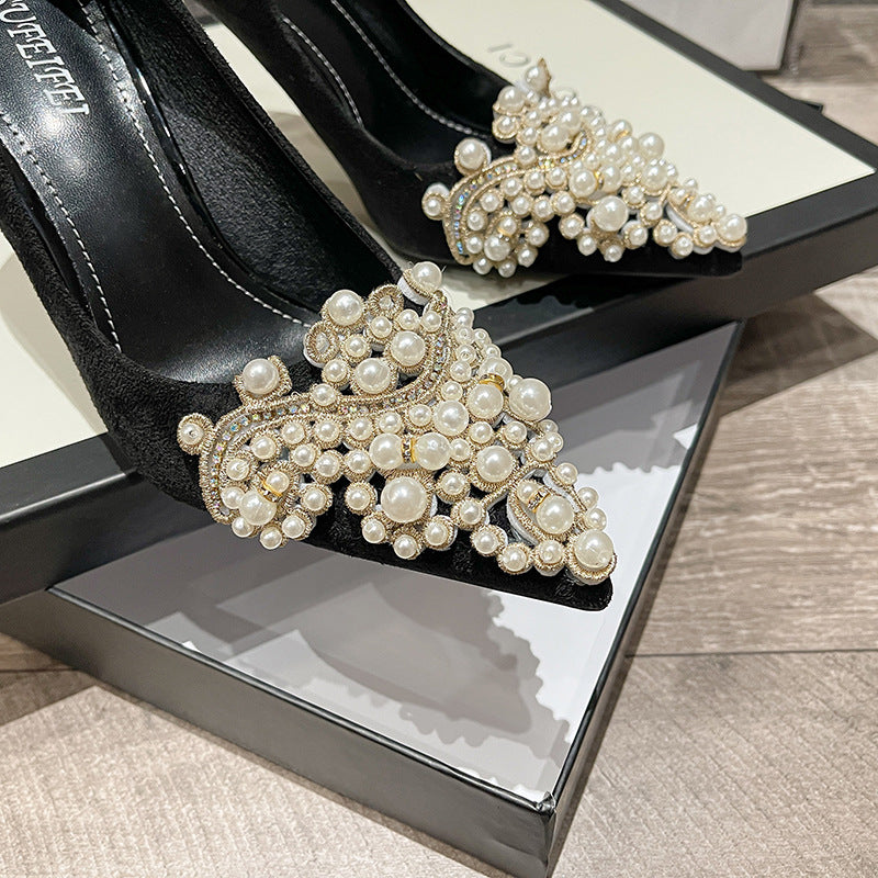 Fashion Ultra-high Thin Heel Pearl Buckle Party Shoes