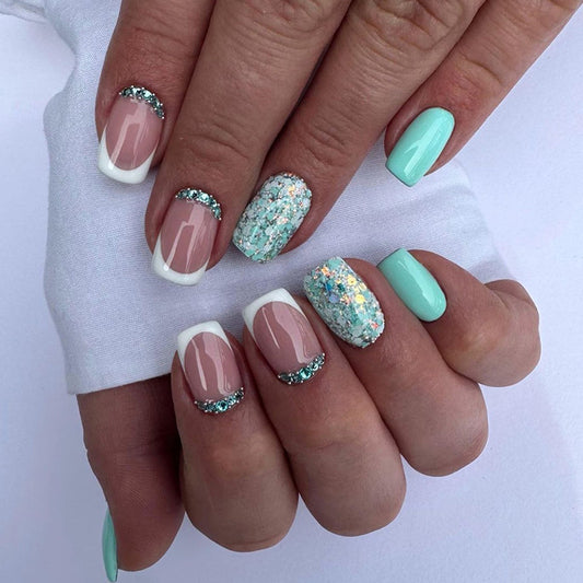 Long Lake Green Nails, Ins Style Crystal Accent