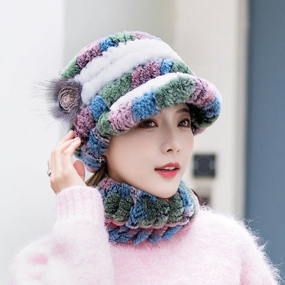 Winter Real Rabbit Fur Cap & Scarf Set - Mom Hat