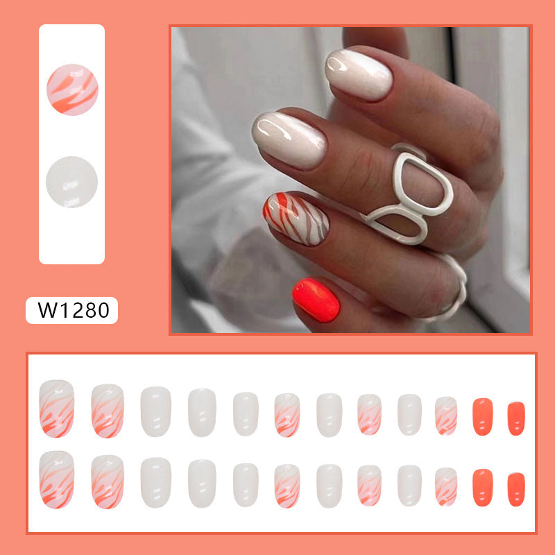 Minimalist Milk White and Vibrant Orange Leopard Print Nails