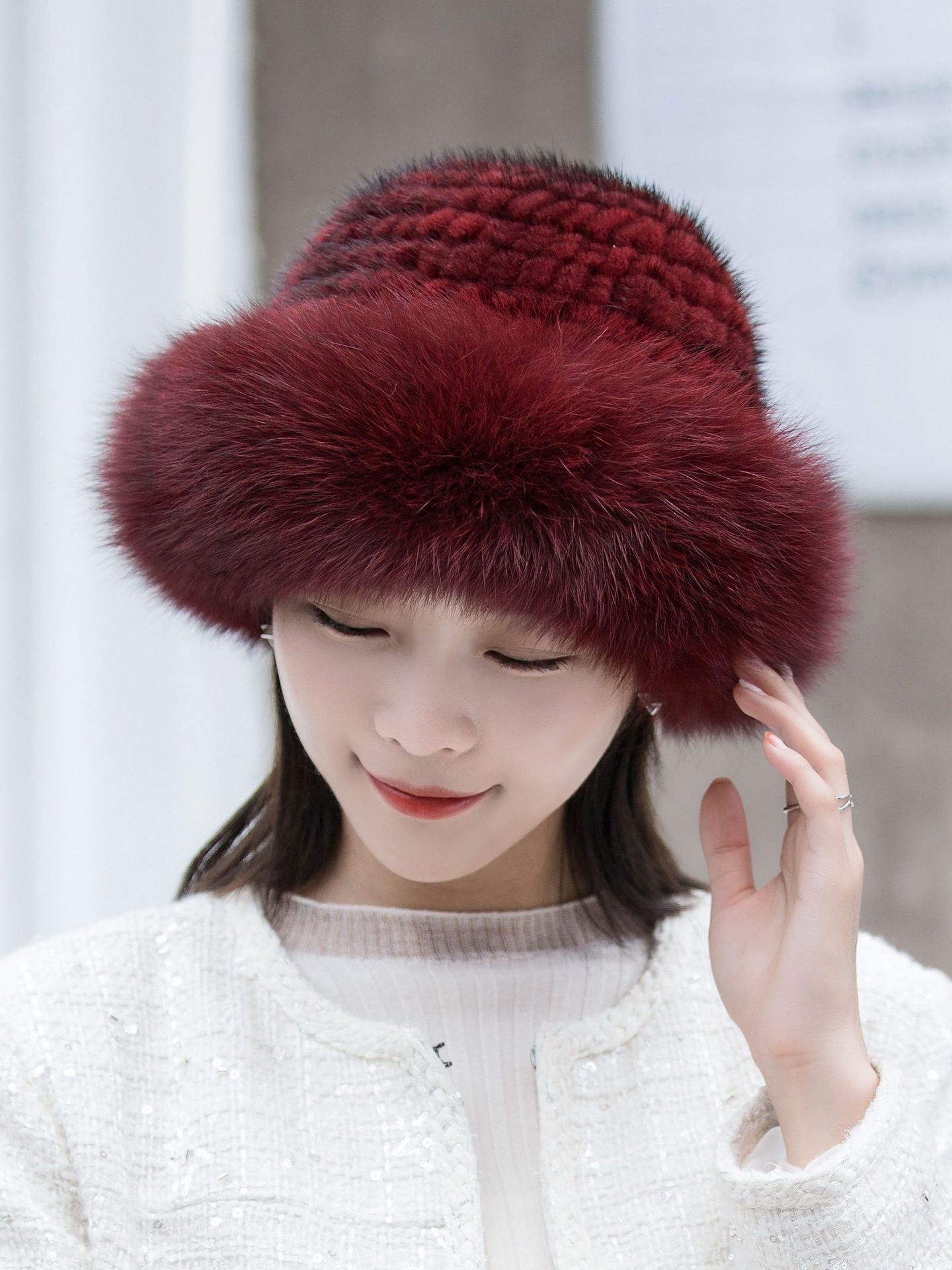 Warm Mink Fur Hat with Fox Pom Pom - Ear Flap Design