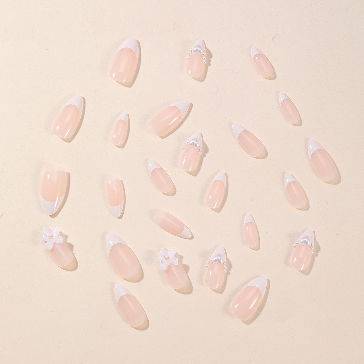 Almond White French Pearl Bow Removable False Nails