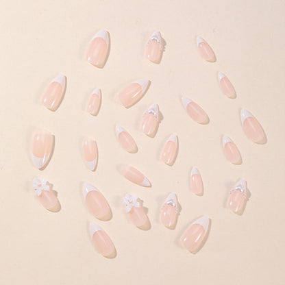 Almond White French Pearl Bow Removable False Nails