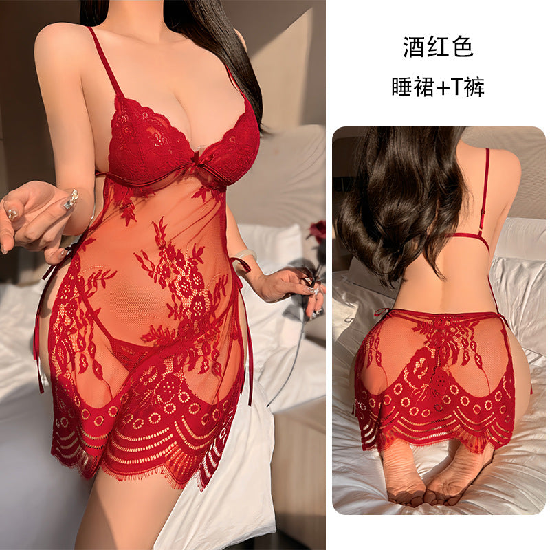 Sexy Lace Suspender Cut-out Lace-up Nightdress(Free thong)