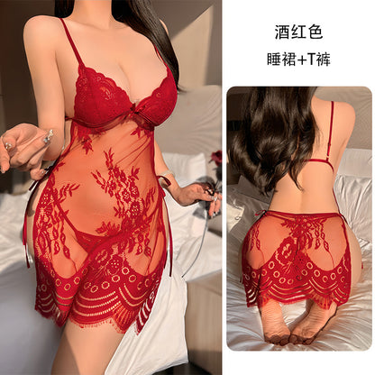 Sexy Lace Suspender Cut-out Lace-up Nightdress(Free thong)