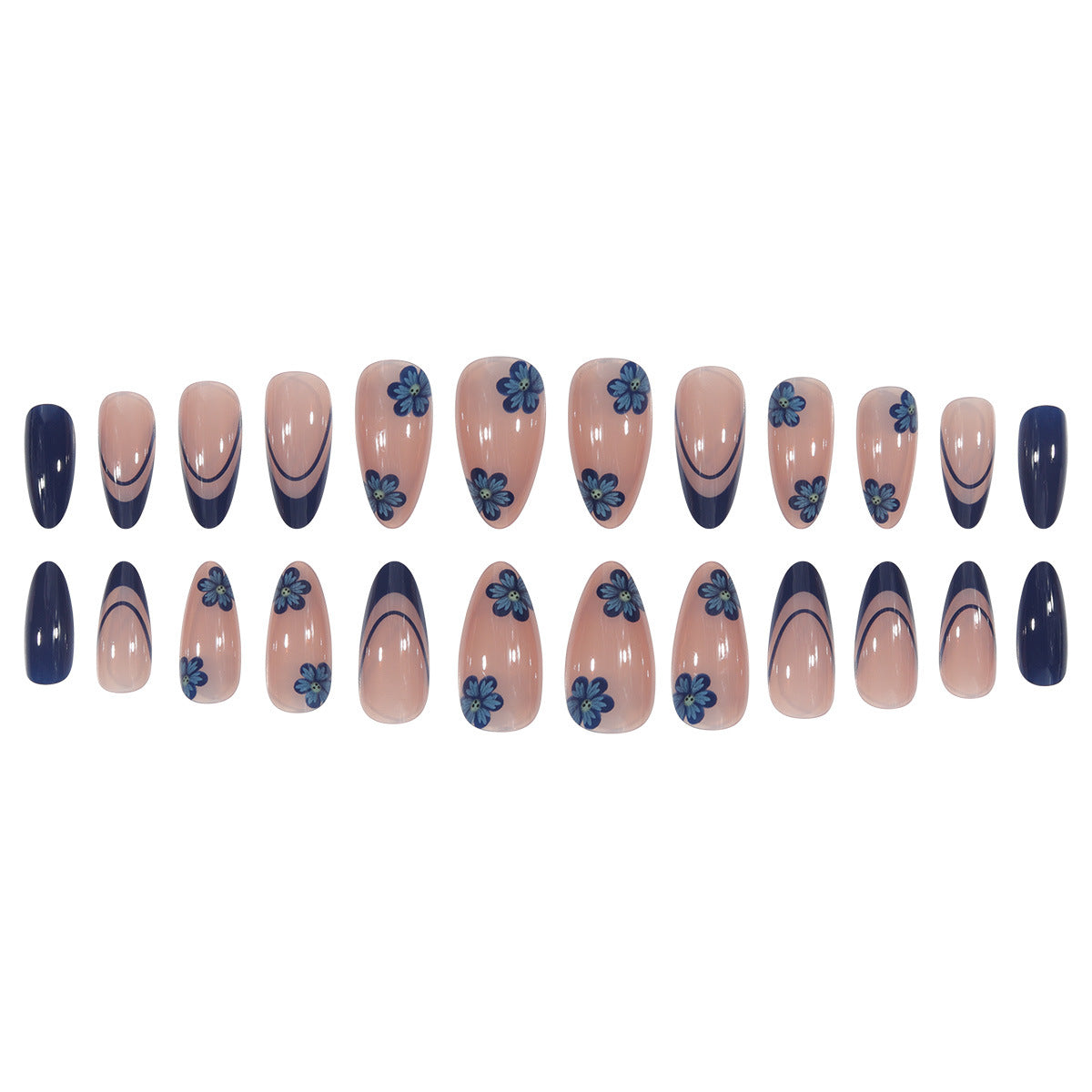 24-Piece INS Style Blue Floral Nail Extensions