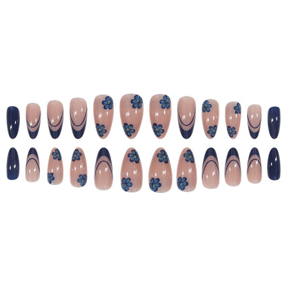 24-Piece INS Style Blue Floral Nail Extensions