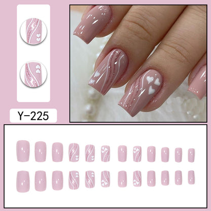 Square Short Nail Extensions with Heart Glitter Lines