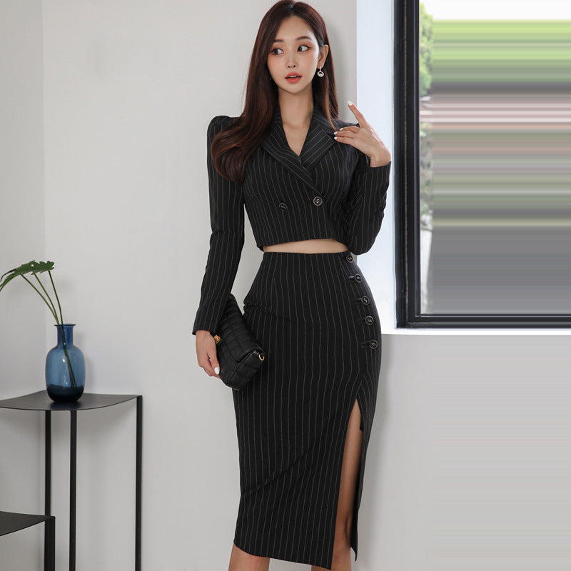 Black Striped Suit Collar High Slit Fashion Dress