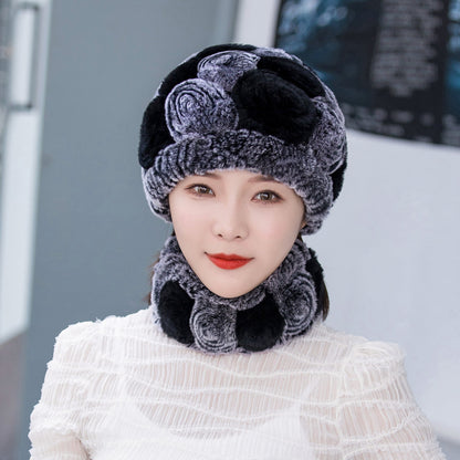 Warm Real Rabbit Fur Ear Flap Hat & Scarf Set