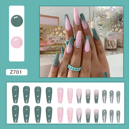 Fresh Matcha Green Nails Glitter French Diamond Long Ballet Wearable Fake Nails 24-Piece Set-homeunderwear