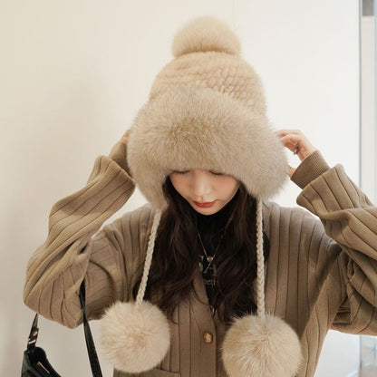 Winter Women's Mink Fur Hat with Fox Pom Pom - Stylish & Warm