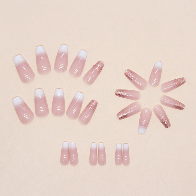 Mid-Length Ballet Nails, Gradual White French with Pink Glitter