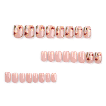 Yiwu Nude Flower Nail Art Tips with Gold Lines, Wearable Nails-Homeunderwear