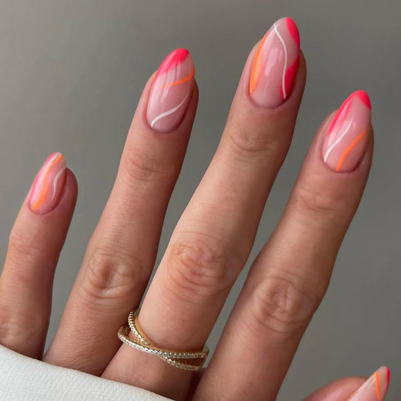 Almond Nails, Irregular Stripes Pink Wave Design