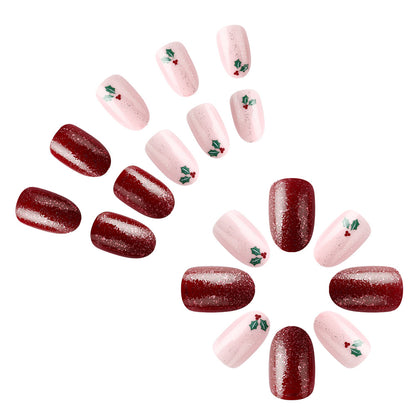 New FashionShort Shiny Oval Christmas Nails - Glitter, Leaves, Berries-homeunderwear