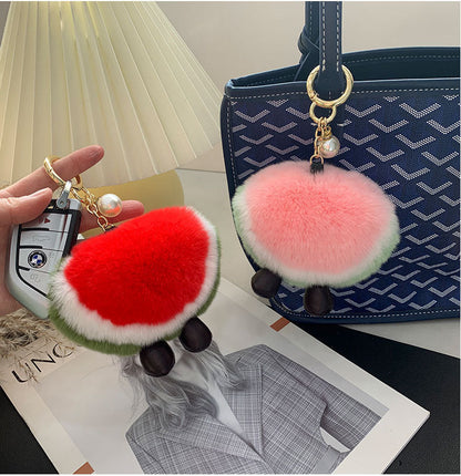 Cute Real Rabbit Fur Watermelon Charm Keychain & Phone Decor