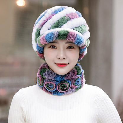 Warm Real Rabbit Fur Cap & Scarf Set - Stylish Winter Wear