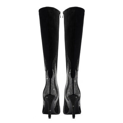 Colorful Rhinestone Embellished Pointed Toe Stiletto Knee-High Boots-Homeunderwear