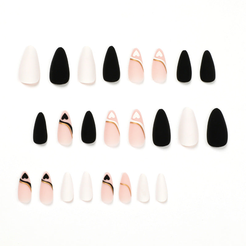 Wholesale French Black White Heart Nails, Gold Line, Matte Finish-Homeunderwear