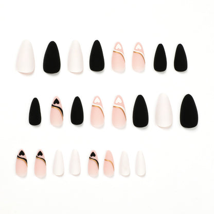 Wholesale French Black White Heart Nails, Gold Line, Matte Finish-Homeunderwear