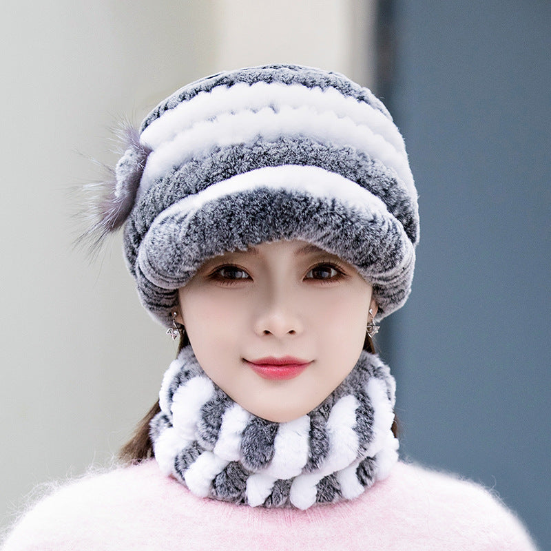 Winter Real Rabbit Fur Cap & Scarf Set - Mom Hat