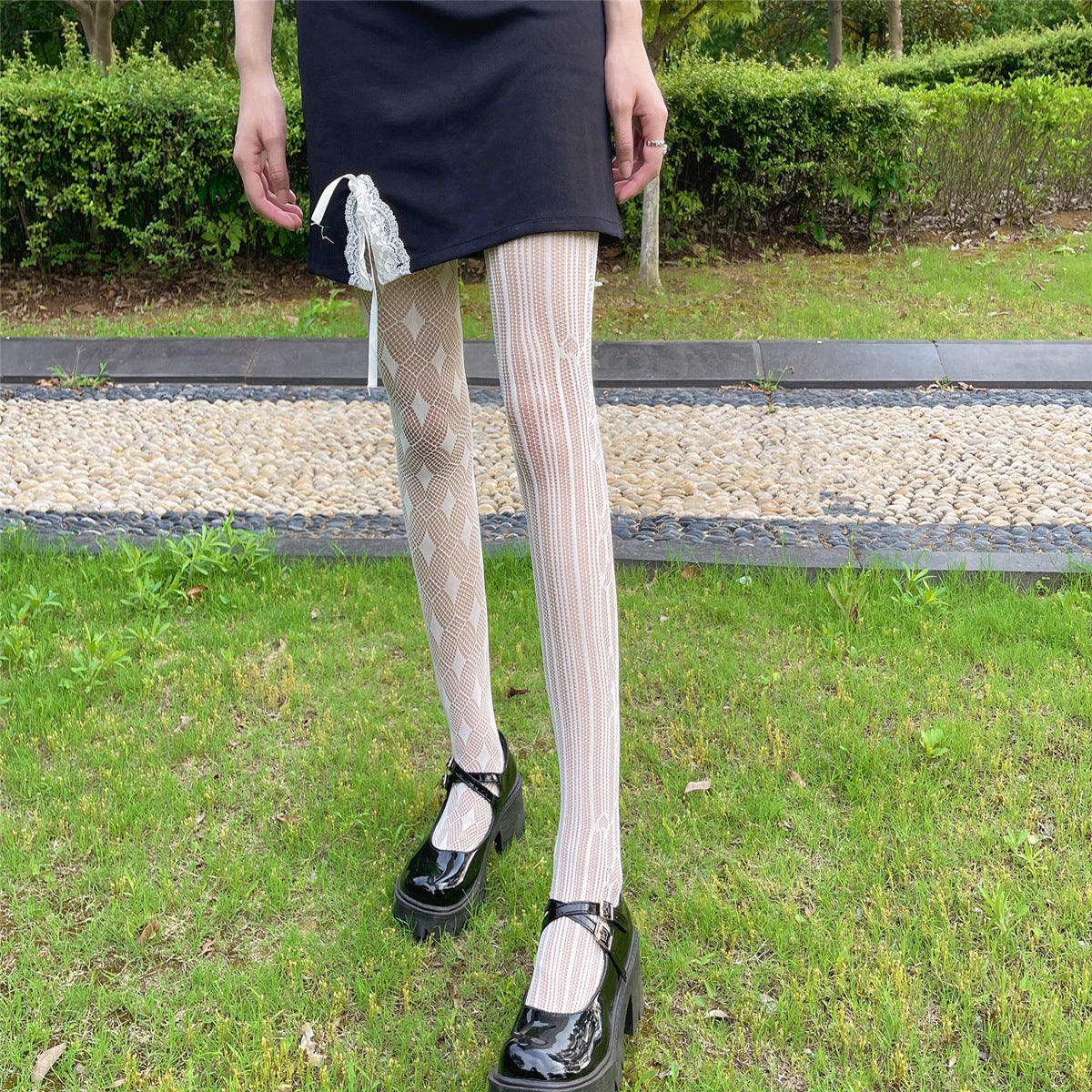 Ins Japanese AB Diamond Striped Love Jacquard Hollow Mesh Socks Pantyhose