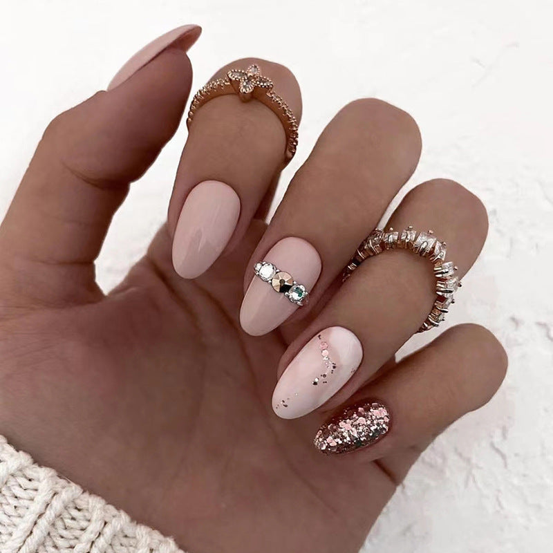 Shiny Glitter Oval Nails with Marble and Peach Design