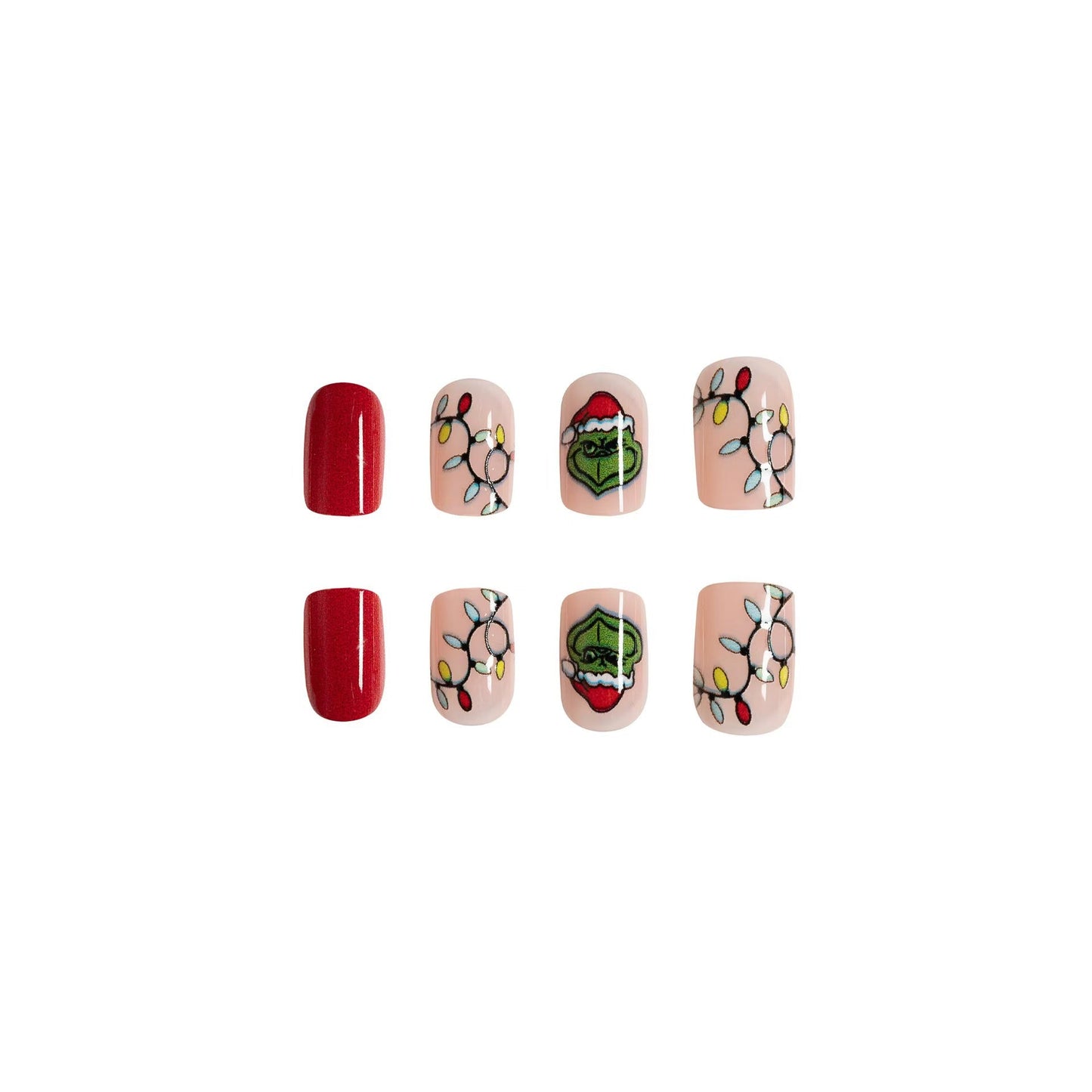 Short Glossy Christmas Grinch Red Hat Green Press-On Nails - 24 Pieces