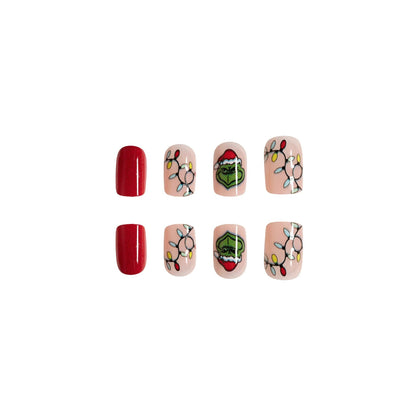 Short Glossy Christmas Grinch Red Hat Green Press-On Nails - 24 Pieces