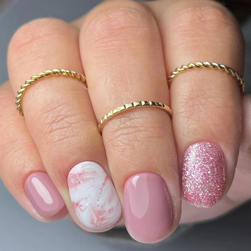 Simple White Pink Tender Girl Nails Sparkling Full Ink Wash Pink White Short Fake Nails-homeunderwear