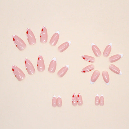 Pink French Almond Fall Nails, 24-Piece Heart-Accent Set