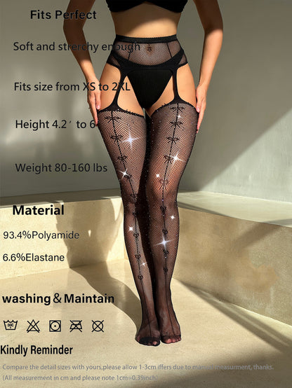 Sexy Rhinestone Bow Open Crotch Transparent Suspenders Mesh Socks Pantyhose