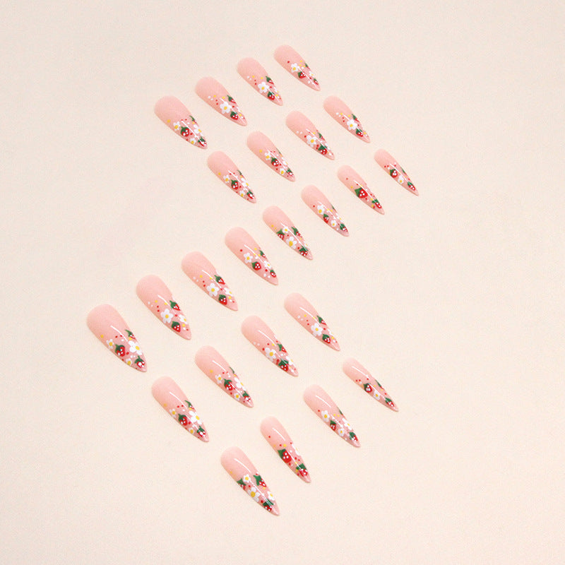 Long Pointed Nails, Sweet Strawberry Floral Design