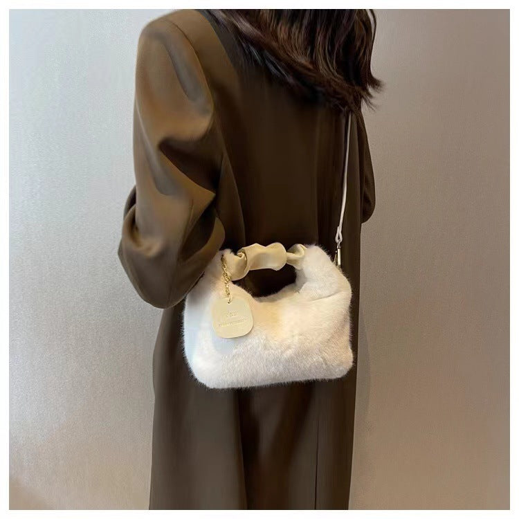 Versatile Fuzzy Crossbody Bag with Pendant