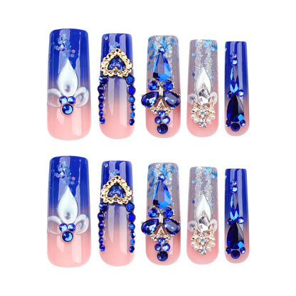 French Waterpipe Square Nail Tips with Sparkling Diamonds