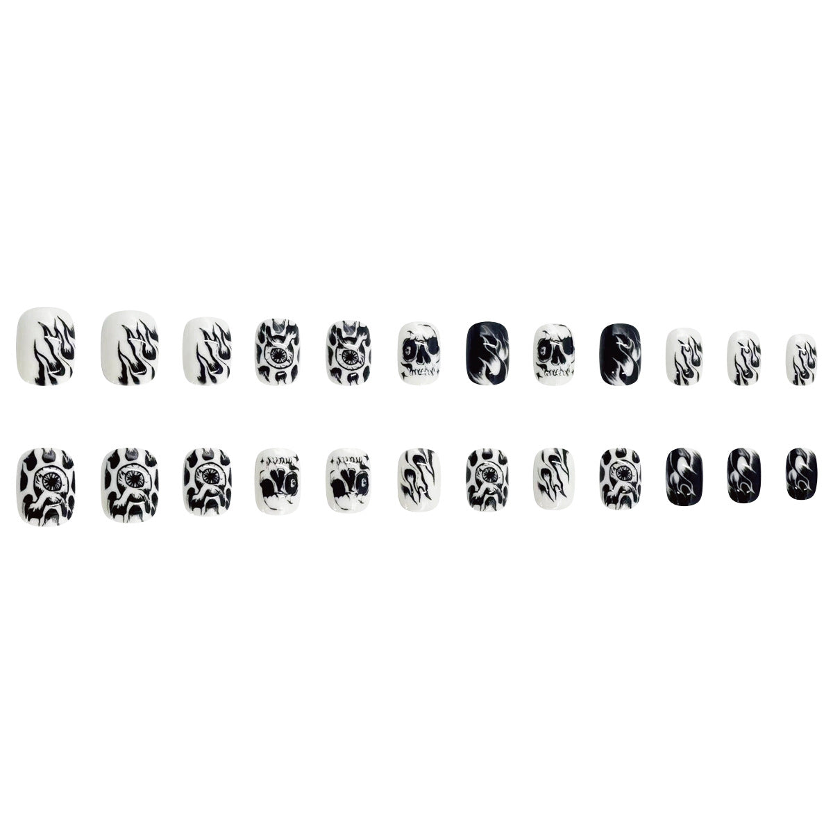 Halloween Black & White Hand-Painted Flame Skull Eye Nails