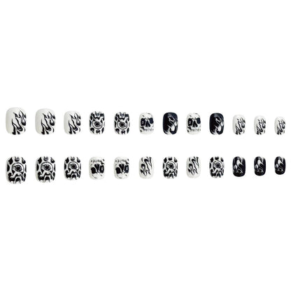 Halloween Black & White Hand-Painted Flame Skull Eye Nails