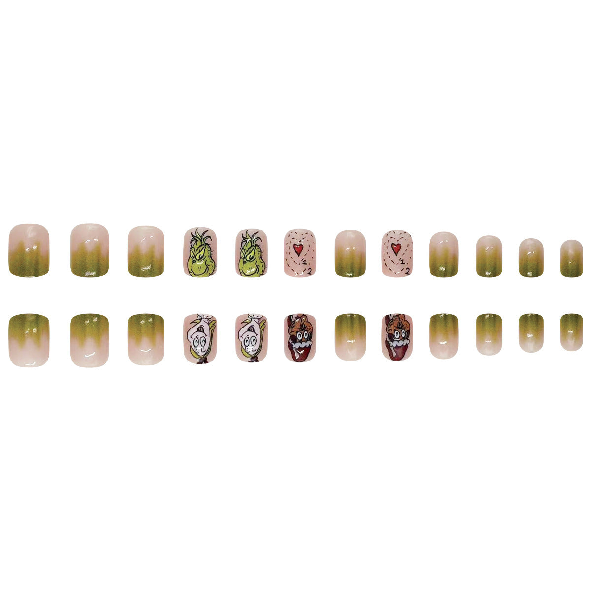 Christmas Short Square Grinch Green Gradient Cute Nail Tips