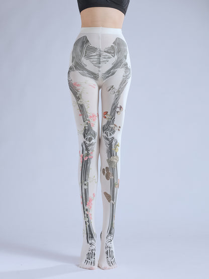 Dark Articulated Bones Print Tattoo Pattern Halloween Dancing Pantyhose
