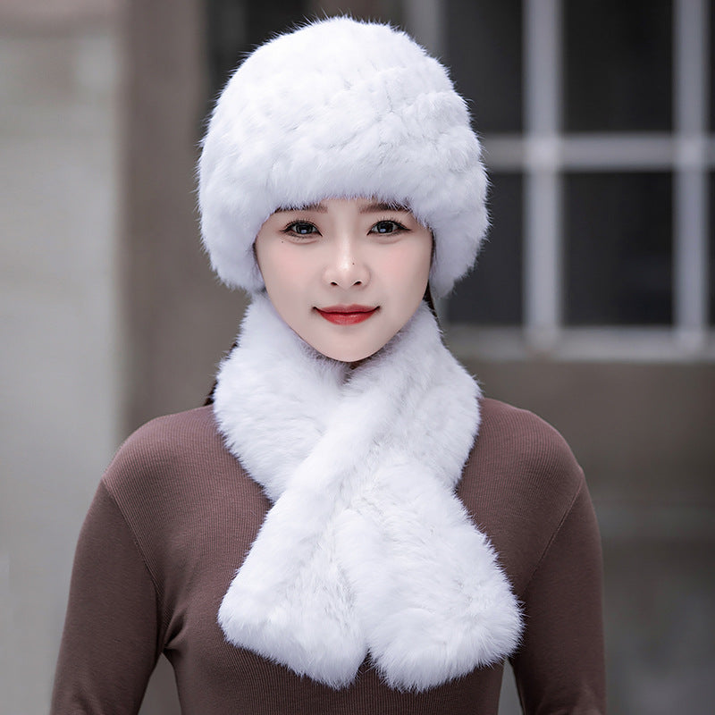 Warm Snow Rabbit Fur Ear Flap Hat & Scarf Set