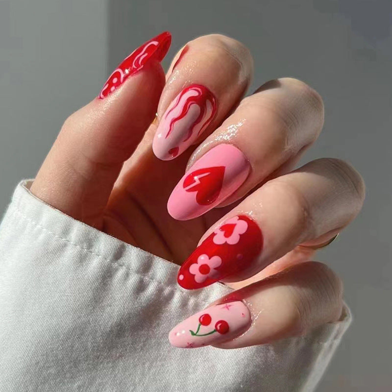 Red Almond Heart Fall Nails, 24-Piece Ins-Style Set