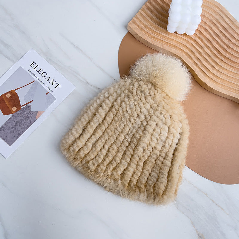 Versatile Mink Fur Knit Winter Hat with Fox Pom Pom