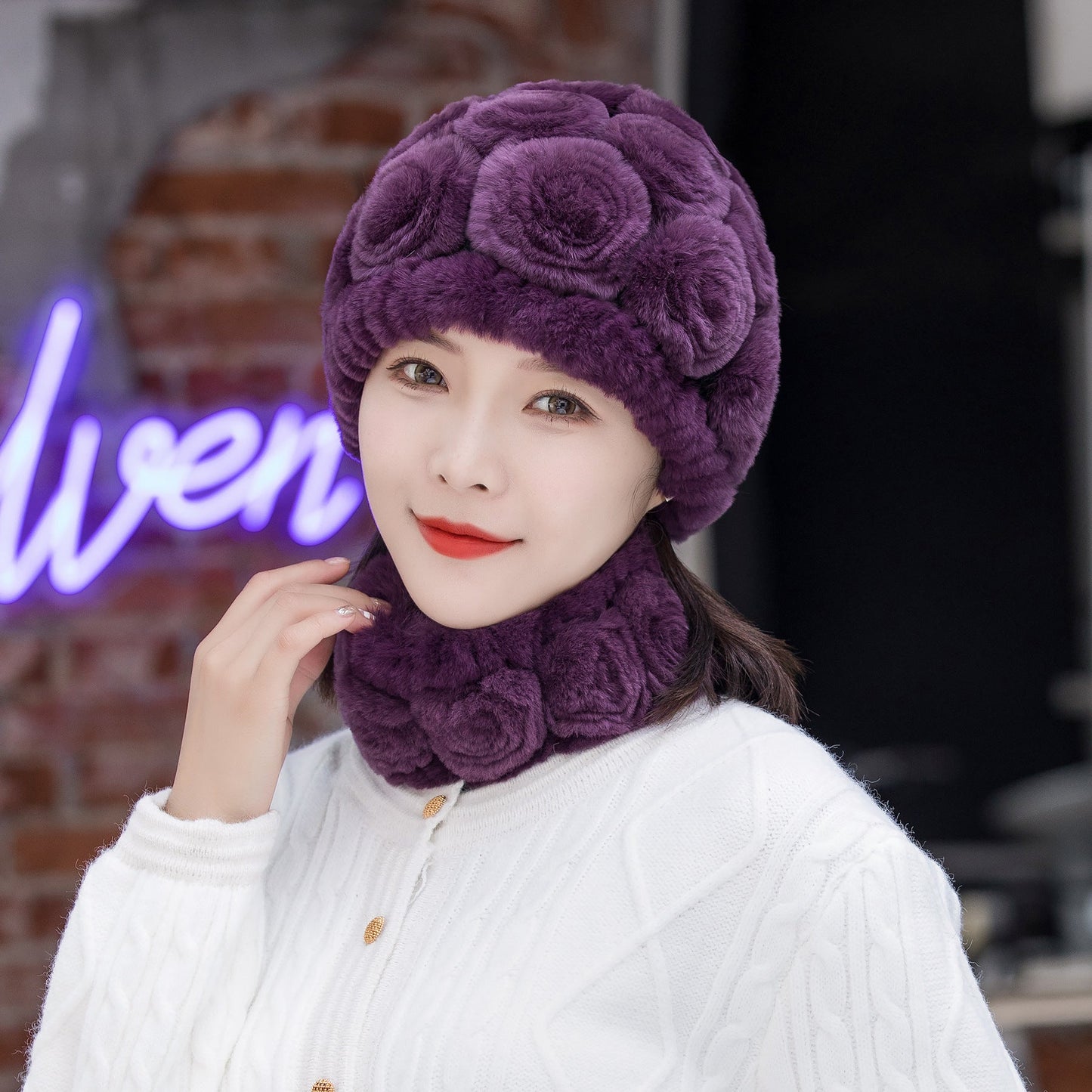 Warm Real Rabbit Fur Ear Flap Hat & Scarf Set