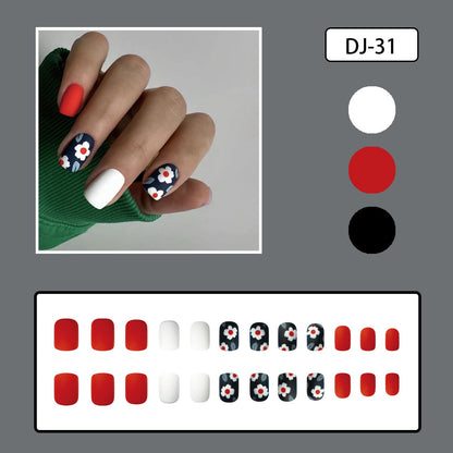 Japanese-Style Red Blue White Matte Short Square Nails with Floral Design