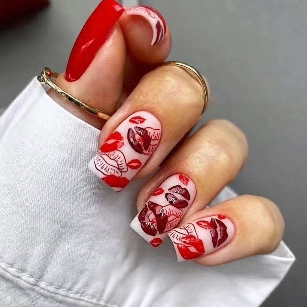 New FashionMedium Square Valentine's Day Red Nail Tips-homeunderwear