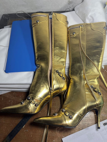 Metallic Pointed Grommeted Straps Stiletto Thigh-High Boots