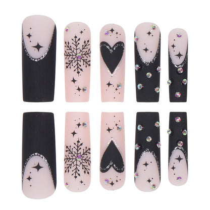 Black French Christmas Nails with Heart Snowflake Design