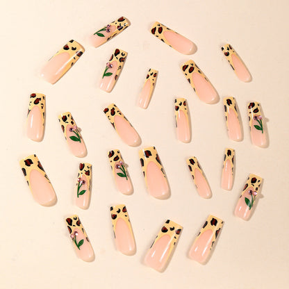 European Style Long Coffin Leopard Print French Cherry Inlaid Diamond False Nails